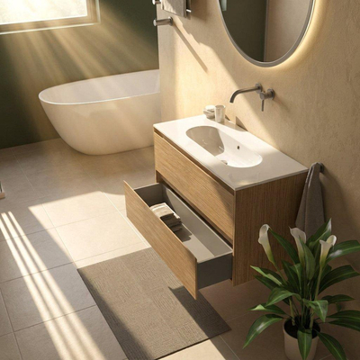 Saniclass Holz Pure Ensemble meuble de salle de bains - 100x45x73.9cm - lavabo Chaci en céramique blanc - 1 vasque - sans trou de robinetterie - 2 tiroirs - chêne natural mat (bois)