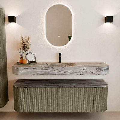 MONDIAZ THOR-DLUX 150cm meuble de salle de bains arrondi gauche + droite couleur Shadow avec 1 tiroir et 2 portes. Vasque suspendue CLOUD Milieu 1 trou de robinet couleur Sombra.