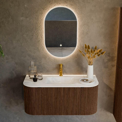 MONDIAZ KURVE-DLUX 100cm badmeubel met module 25 Len R kleur Walnut met 1 lade en 2 deuren. Wastafel GRUNNE midden 1 kraangat kleur Opalo.