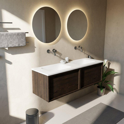 Saniclass Holz Frame Ensemble de meubles de salle de bains - 140x45x57.5cm - lavabo Torino en solid surface blanc - sans trou de robinet - 2 tiroirs - chêne charcoal mat (bois)