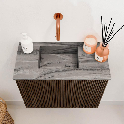 Mondiaz JOYA-DLUX 50cm toiletmeubel - kleur Walnut - Wastafel FAYE positie Links Zonder kraangat kleur Sombra.
