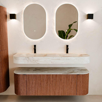 MONDIAZ THOR-DLUX Meuble de salle de bains 140cm arrondi gauche + droite couleur Ruby avec 1 tiroir et 2 portes. Vasque suspendue CLOUD Double 2 trous de robinet couleur Frappe.