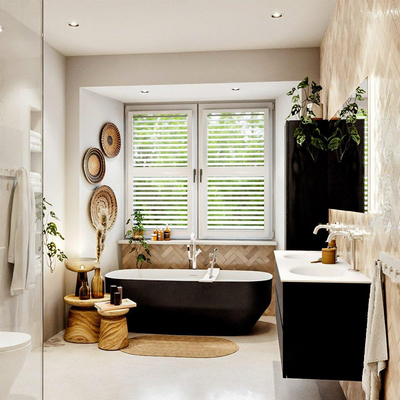 MONDIAZ VICA meuble sous lavabo 150cm Urban 2 tiroirs. Lavabo MOON double 2 trous de robinet, couleur Talc.