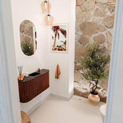 Mondiaz JOYA-DLUX 83.2cm toiletmeubel - ronding links en rechts kleur Ruby - Wastafel FAYE positie Midden 1 kraangat kleur Lava.