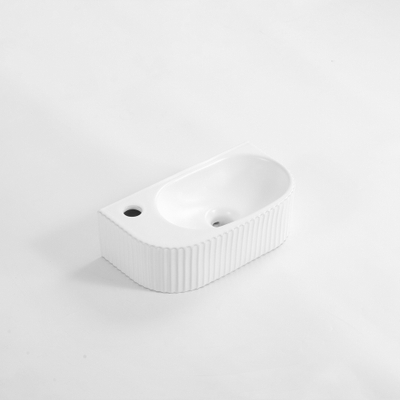 FugaFlow Eccelente Pietra Fontein - 40x22x12cm - Links - Geribbeld - halfrond - 1 kraangat - Keramiek - Wit Mat