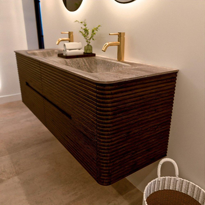 Mondiaz CIRO-DLUX Meuble de salle de bains - 150x45x50cm - Plan vasque solid surface Oza - 2 bacs Double - 2 trous de robinetterie - 4 tiroirs - Noyer