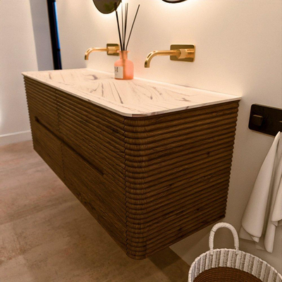 Mondiaz CIRO-DLUX Ensemble de meubles de salle de bains - 130x45x50cm - plan vasque en solid surface Nata - 2 vasques double - sans trous de robinet - 4 tiroirs - Dusk