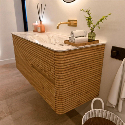 Mondiaz CIRO-DLUX Badkamermeubelset - 120x45x50cm - Solid surface wastafel Glace - 1 wasbak Rechts - zonder kraangaten - 2 lades - Oak