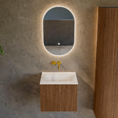 MONDIAZ KURVE-DLUX 50cm Meuble salle de bain - couleur Walnut - 1 tiroir - vasque GRUNNE centre - sans trou de robinet - couleur Frappe