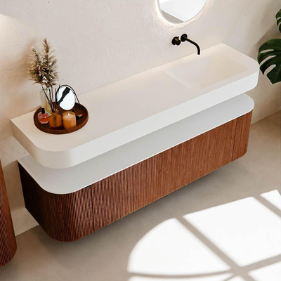 MONDIAZ THOR 170cm meuble de salle de bains arrondi gauche + droite couleur Ruby avec 1 tiroir et 2 portes. Vasque suspendue CLOUD droite sans trou de robinet couleur Talc.