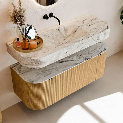 MONDIAZ THOR-DLUX 120cm badmeubel ronding links + rechts kleur Oak met 1 lade en 2 deuren. Vrijhangende wastafel CLOUD Midden zonder kraangat kleur Glace.