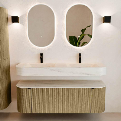 MONDIAZ THOR-DLUX 140cm meuble de salle de bains arrondi gauche + droite couleur Dusk avec 1 tiroir et 2 portes. Vasque suspendue CLOUD Double 2 trous de robinet couleur Meli.