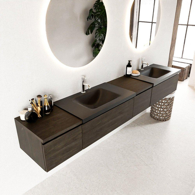 MONDIAZ BUKLA 240cm badmeubel met module 40 rechts kleur Dark Brown met 4 lades. Wastafel CLOUD dubbel 2 kraangaten kleur Urban.