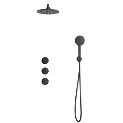 Fortifura Nebbio ensemble de douche pluie apparent – douche de tête Ø 30 cm – bras mural courbé 35 cm – douchette ronde 1 jet – gunmetal brossé