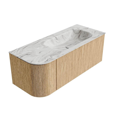 MONDIAZ KURVE-DLUX 115cm Meuble salle de bain avec module 25 G - couleur Oak - 1 tiroir - 1 porte - vasque BIG SMALL droite - sans trou de robinet - couleur Glace