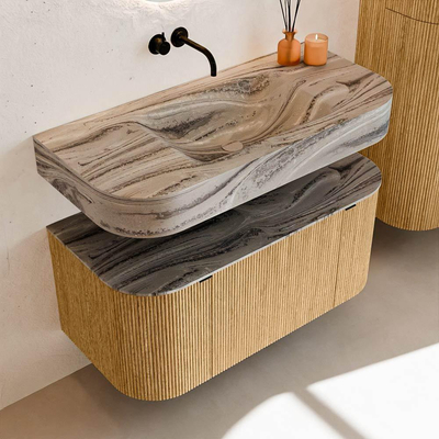 MONDIAZ THOR-DLUX 100cm meuble de salle de bains arrondi gauche + droite couleur Oak avec 1 tiroir et 2 portes. Vasque suspendue CLOUD Milieu sans trou de robinet couleur Sombra.