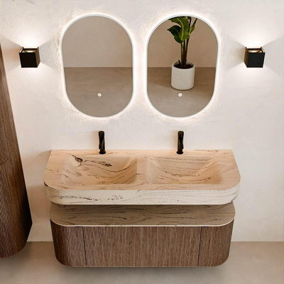 MONDIAZ THOR-DLUX 130cm badmeubel ronding links + rechts kleur Walnut met 1 lade en 2 deuren. Vrijhangende wastafel CLOUD Dubbel 2 kraangaten kleur Arena.