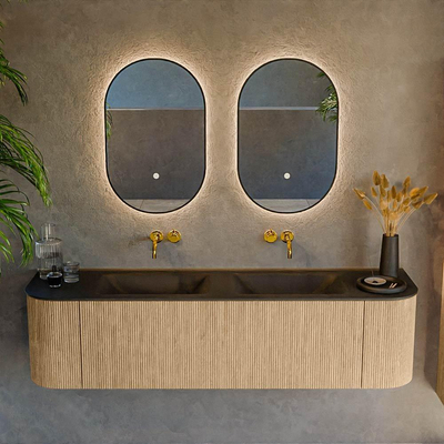 MONDIAZ KURVE 170cm Meuble salle de bain avec module 25 G et D - couleur Oak - 1 tiroir - 2 portes - vasque CLOUD double - sans trous de robinet - Urban