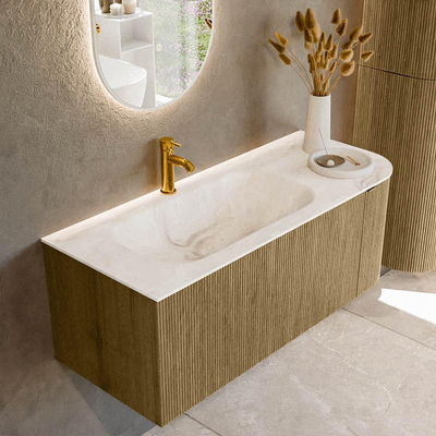 Mondiaz KURVE-DLUX Ensemble de meuble salle de bain - 115x46x40cm - 1 tiroir - 1 porte - lavabo en solid surface - gauche - 1 trou de robinet - Dusk