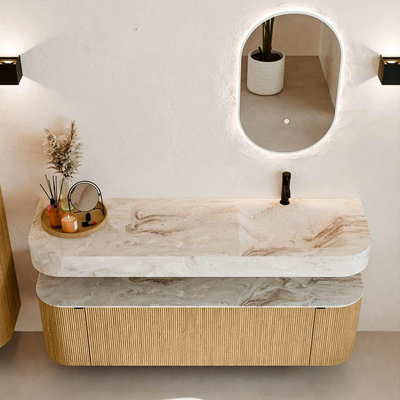 MONDIAZ THOR-DLUX 160cm badmeubel ronding links + rechts kleur Oak met 1 lade en 2 deuren. Vrijhangende wastafel CLOUD Rechts 1 kraangat kleur Frappe.