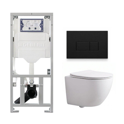Pack WC QeramiQ Dely Swirl Compact - réservoir encastrable Geberit UP320 - avec bâti-support Burda - abattant slim - plaque de commande en métal noir mat - boutons rectangulaires - blanc brillant