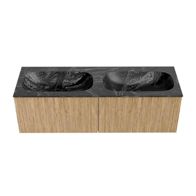 MONDIAZ KURVE-DLUX 140cm badmeubel kleur Oak met 2 lades. Wastafel STOR SMALL dubbel zonder kraangat kleur Lava.