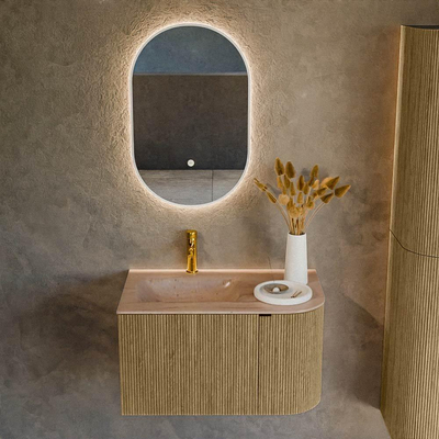 MONDIAZ KURVE-DLUX Meuble de salle de bains 75cm arrondi Droite couleur Dusk avec 1 tiroir et 1 porte. Lavabo GRUNNE Gauche 1 trou de robinet Saba.