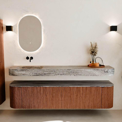 MONDIAZ THOR-DLUX Meuble de salle de bains - 190cm - arrondi gauche + droite - couleur Ruby - 2 tiroirs et 2 portes - Vasque suspendue CLOUD Gauche sans trou de robinet - couleur Oza