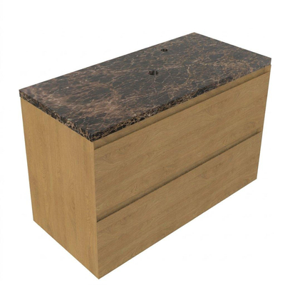 Saniclass Holz Pure Ensemble de meubles de salle de bains - 100x45x63cm - Plan de travail en pierre naturelle Noche dark emperador - 1 trou de robinetterie - 2 tiroirs - chêne natural mat (bois)