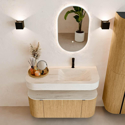 MONDIAZ THOR-DLUX 110cm badmeubel ronding links + rechts kleur Oak met 1 lade en 2 deuren. Vrijhangende wastafel CLOUD Rechts 1 kraangat kleur Meli.