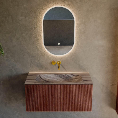 MONDIAZ KURVE-DLUX Meuble de salle de bains 90 cm couleur Ruby avec 1 tiroir et 0 porte. Vasque BIG SMALL Centrale sans trou de robinet Sombra.