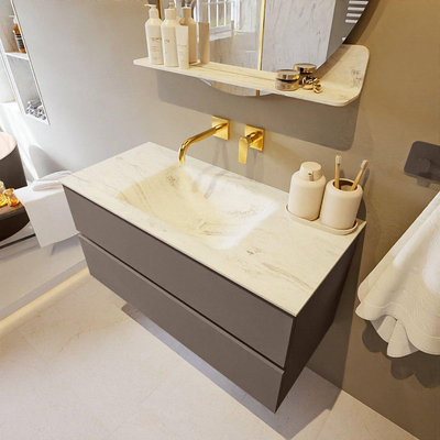 Mondiaz VICA-DLUX ensemble de meuble de salle de bain - 100cm - meuble sous-vasque fumée - 2 tiroirs - lavabo encastré nuage milieu - sans trous de robinet - version haute 60cm - opalo