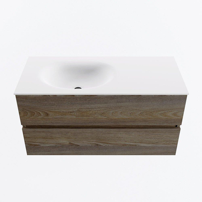 Mondiaz VICA ensemble de meuble de salle de bain - 100cm - meuble sous-vasque marron foncé gris - 2 tiroirs - lavabo lune gauche - 1 trou de robinet - version haute de 60cm - talc