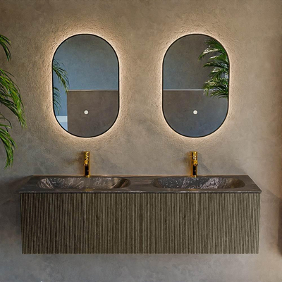 Ensemble de meuble de salle de bain Mondiaz KURVE-DLUX - 150x46x40cm - 2 tiroirs - lavabo en solid surface - double - 2 trous de robinet - Shadow