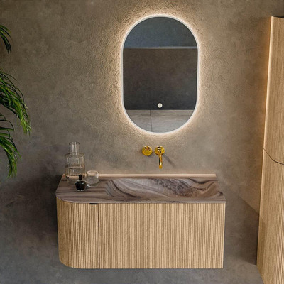 MONDIAZ KURVE-DLUX Meuble de salle de bains 95cm arrondi à gauche couleur Oak avec 1 tiroir et 1 porte. Lavabo BIG SMALL à droite sans trou de robinet Sombra.