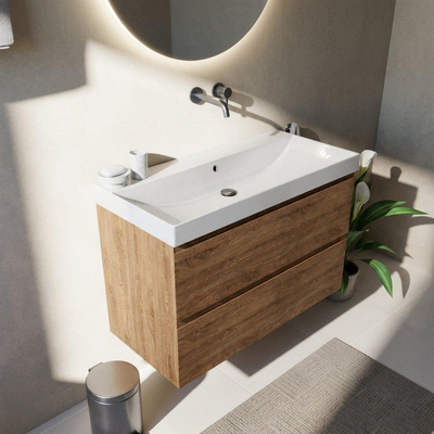 Saniclass Holz Pure Ensemble meuble de salle de bains - 100x45x67.5cm - lavabo en céramique Wave - 1 vasque - sans trou de robinet - 2 tiroirs - chêne naturel mat (bois)