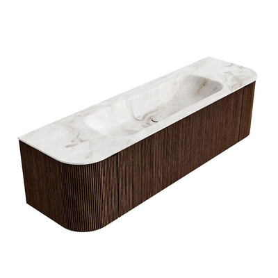 MONDIAZ KURVE-DLUX 160cm badmeubel met module 25 Len R kleur Walnut met 1 lade en 2 deuren. Wastafel BIG MEDIUM midden zonder kraangat kleur Frappe.