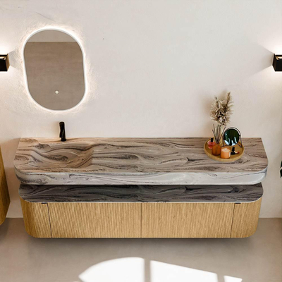 MONDIAZ THOR-DLUX 200cm meuble de salle de bains arrondi gauche + droite couleur Oak avec 2 tiroirs et 2 portes. Vasque suspendue CLOUD gauche 1 trou de robinet couleur Sombra.