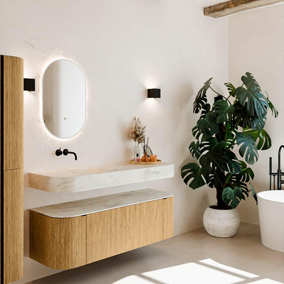 MONDIAZ THOR-DLUX 140cm meuble de salle de bains arrondi gauche + droite couleur Oak avec 1 tiroir et 2 portes. Vasque suspendue CLOUD Gauche sans trou de robinet couleur Ostra.