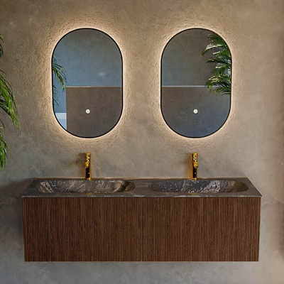 MONDIAZ KURVE-DLUX 140cm Meuble salle de bain - couleur Walnut - 2 tiroirs - vasque STOR SMALL double - 2 trous de robinet - couleur Lava