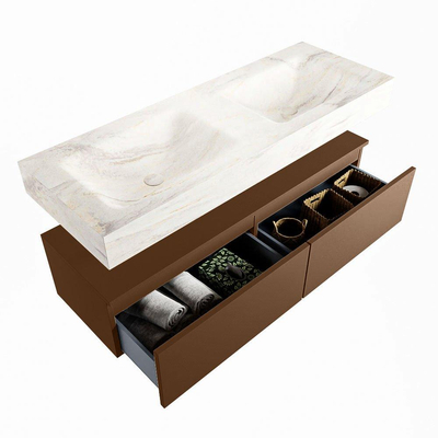 Mondiaz ALAN-DLUX Ensemble de meuble - 130cm - meuble Rust mat - 2 tiroirs - Lavabo Cloud Ostra suspendu - vasque gauche et droite - 0 trous de robinet