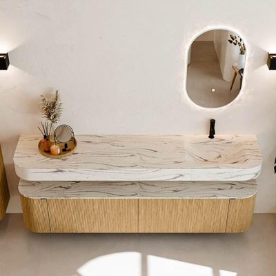 MONDIAZ THOR-DLUX 200cm meuble de salle de bains arrondi gauche + droite couleur Oak avec 2 tiroirs et 2 portes. Vasque suspendue CLOUD Droite 1 trou de robinet couleur Nata.