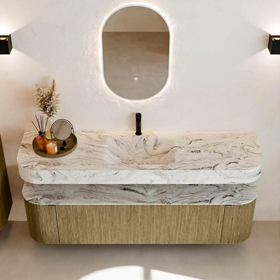 MONDIAZ THOR-DLUX 170cm meuble de salle de bains arrondi gauche + droite couleur Dusk avec 1 tiroir et 2 portes. Vasque suspendue CLOUD Milieu 1 trou de robinet couleur Glace.