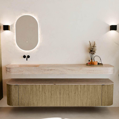 MONDIAZ THOR-DLUX 200cm meuble de salle de bains arrondi gauche + droite couleur Dusk avec 2 tiroirs et 2 portes. Vasque suspendue CLOUD Gauche sans trou de robinet couleur Saba.