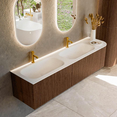 MONDIAZ KURVE 175cm Meuble salle de bain avec module 25 D - couleur Walnut - 2 tiroirs - 1 porte - vasque BIG SMALL double / gauche - 2 trous de robinet - Talc