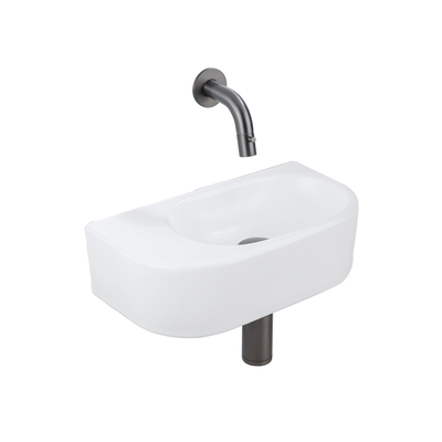 QeramiQ Fuente Ensemble de Lavabo - 40x21.5x12cm - lisse - demi-rond - céramique - ensemble de robinet gunmetal - bouchon de vidange - siphon abaissé - blanc mat