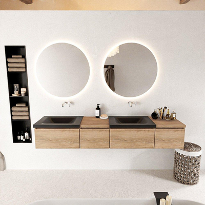 MONDIAZ BUKLA 200cm ensemble de meuble avec module 40 gauche couleur Chêne blanchi avec 4 tiroirs. Lavabo CLOUD double 0 trou de robinet couleur Urbain.