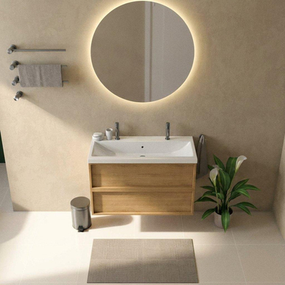 Saniclass Holz Frame Ensemble de meubles de salle de bains - 100x45x63.5cm - Lavabo Bari en céramique blanc - 1 vasque - 2 trous de robinet - 2 tiroirs - chêne natural mat (bois)