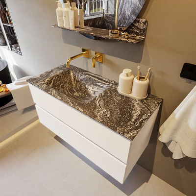 Mondiaz VICA-DLUX ensemble de meuble de salle de bain - 100cm - meuble sous lavabo talc - 2 tiroirs - lavabo encastré cloud gauche - sans trous de robinet - miroir modèle spot - version XL 60cm haut - lave