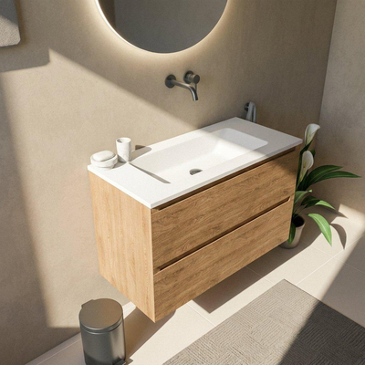 Saniclass Holz Pure Ensemble meuble de salle de bains - 100x45x77.5cm - vasque Torino en Solid Surface blanche - sans trou de robinet - 2 tiroirs - chêne natural mat (bois)